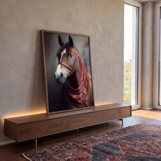Quadro Decorativo Cavalo Majestoso com Lenço Vermelho em ambiente decorado - quadros decorativos para sala
