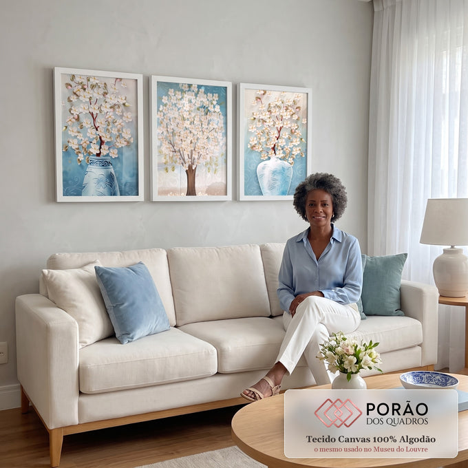 Quadro Decorativo Serenidade Azul Pastel: Flores e Árvores em sala de estar moderna - quadros decorativos para sala
