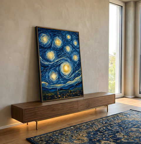 Noite Estrelada de Van Gogh, céu azul em espirais e estrelas amarelas sobre vilarejo, quadro decorativo
