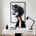 Quadro Decorativo Cavalo Retrato Preto E Branco em escritorio moderno - quadros decorativos para sala