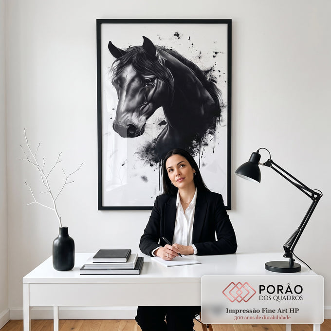 Quadro Decorativo Cavalo Retrato Preto E Branco em escritorio moderno - quadros decorativos para sala
