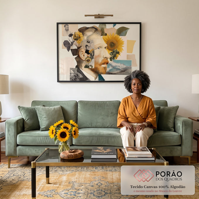 Quadro Decorativo - Retrato Vibrante em Colagem em sala de estar moderna - quadros decorativos para sala