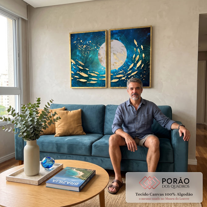 Quadro Decorativo Arte Cósmica Peixes Estelares - Encante-se em sala de estar moderna - quadros decorativos para sala
