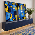 Quadro Decorativo Minimalista Fluído em Azul e Amarelo em ambiente decorado - quadros decorativos para sala