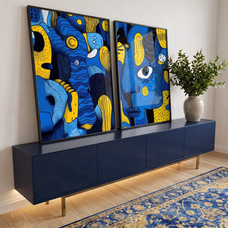 Quadro Decorativo Minimalista Fluído em Azul e Amarelo em ambiente decorado - quadros decorativos para sala