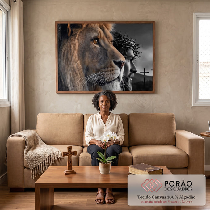 Quadro Decorativo Majestade: Leão e Jesus em sala de estar moderna - quadros decorativos para sala