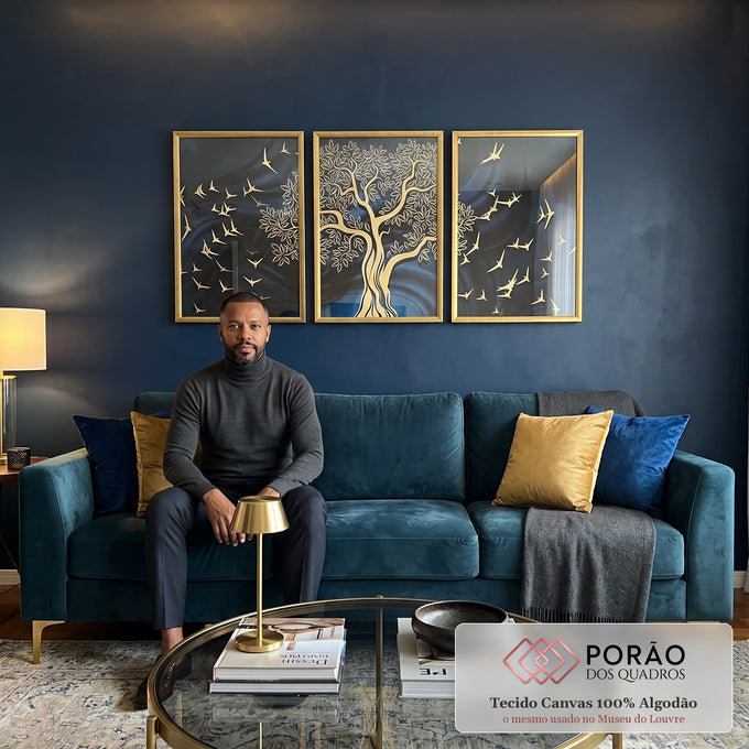 Quadro Decorativo Árvore Dourada: Inspiração e Harmonia em sala de estar moderna - quadros decorativos para sala