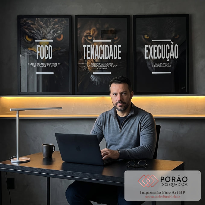 Quadro Decorativo Motivacional Trio: Foco, Execução e Tenacidade - Arte Inspiradora para Sua Casa em escritorio moderno - quadros decorativos para sala