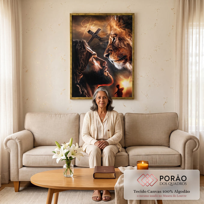 Quadro Decorativo Confronto Divino com o Leão em sala de estar moderna - quadros decorativos para sala
