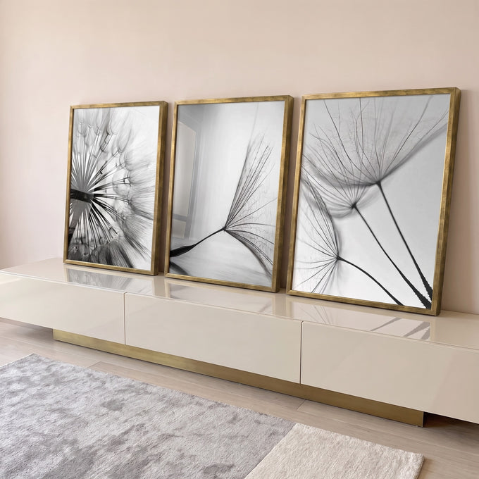 Quadro Decorativo: Delicado Dente de Leão em P&B em ambiente decorado - quadros decorativos para sala