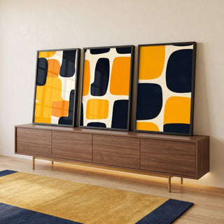 Quadro Decorativo Abstrato Tríptico Moderno em Amarelo e Preto em ambiente decorado - quadros decorativos para sala