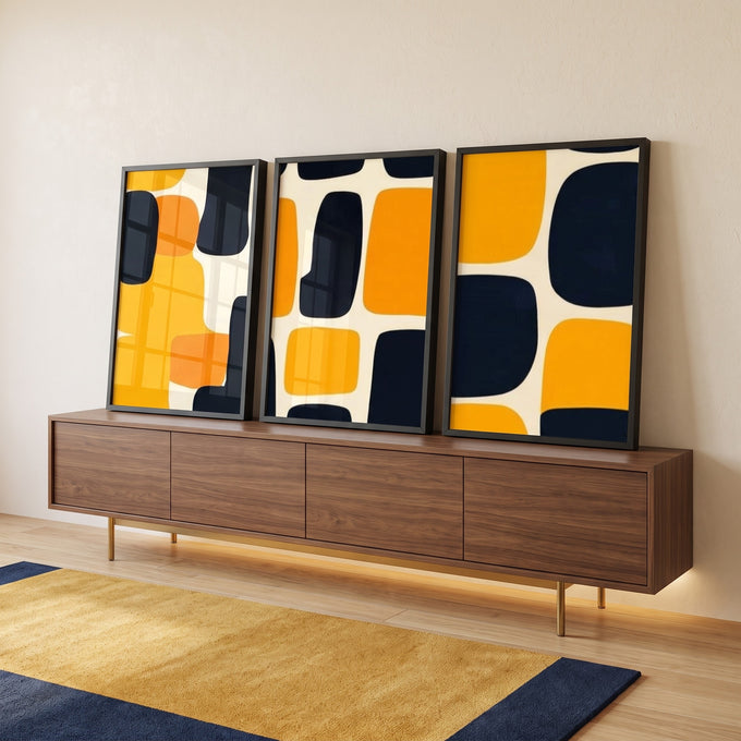 Quadro Decorativo Abstrato Tríptico Moderno em Amarelo e Preto em ambiente decorado - quadros decorativos para sala
