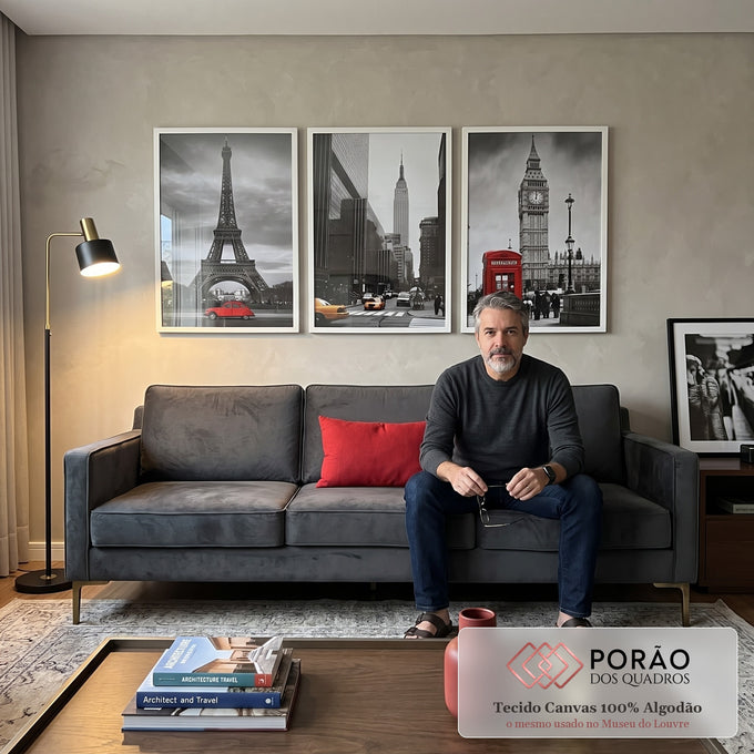 Quadro Decorativo: Paixão por Londres, Paris e Nova Iorque em sala de estar moderna - quadros decorativos para sala