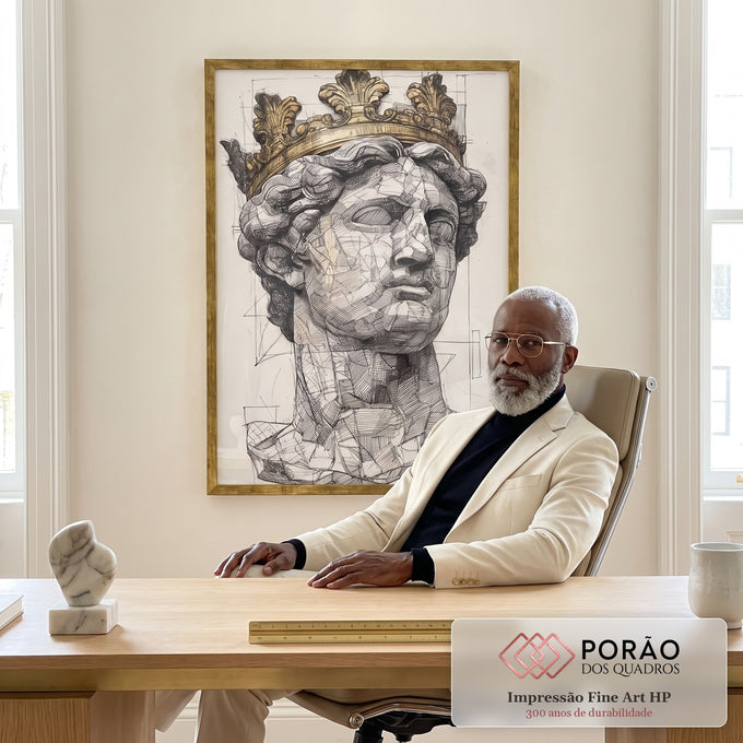 Quadro Decorativo Busto Clássico com Coroa Dourada em escritorio moderno - quadros decorativos para sala