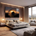 Dente de leão em contraluz com sol dourado ao entardecer e fundo escuro, quadro decorativo