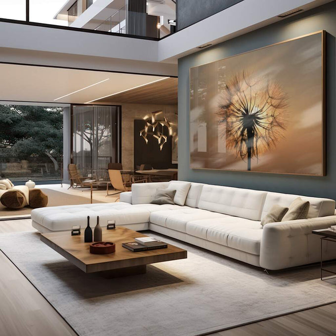 Quadro Decorativo Inspirador Dente de Leão ao Pôr do Sol - quadros decorativos para sala 1 Tela, 1 Tela Horizontal - em living room premium