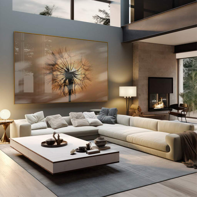 Quadro Decorativo Inspirador Dente de Leão ao Pôr do Sol - quadros decorativos 1 Tela, 1 Tela Horizontal - em sala moderna