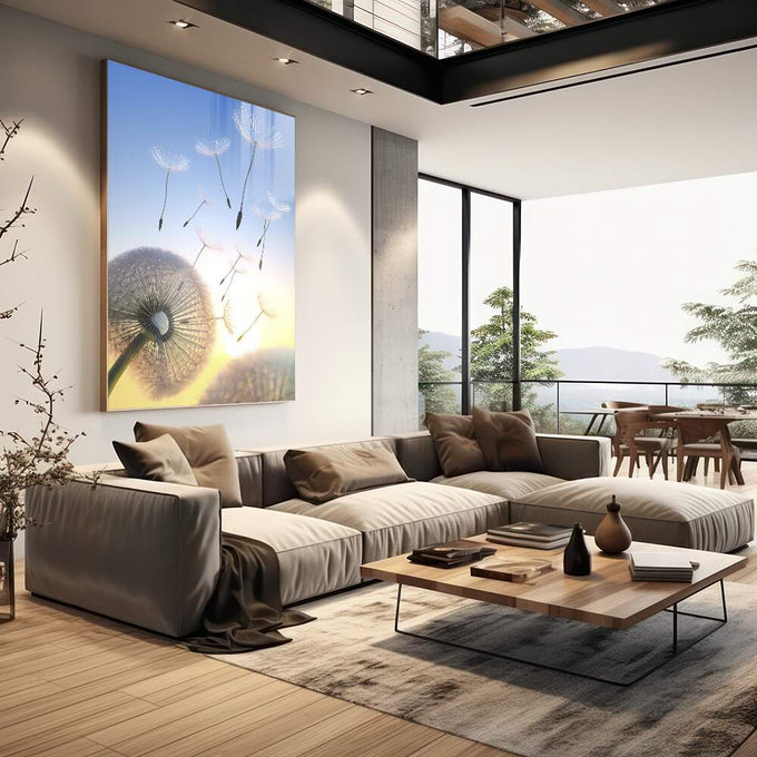 Quadro Decorativo Dente-de-Leão ao Crepúsculo: Transforme seu Lar - quadros decorativos 1 Tela Vertical, 3 Telas - em escritorio elegante