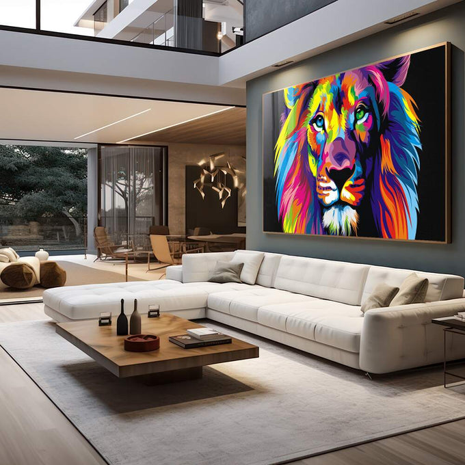 Quadro Decorativo Rei da Selva: Força Vibrante em Cores - quadros decorativos para sala 1 Tela, 1 Tela Horizontal - em quarto contemporaneo