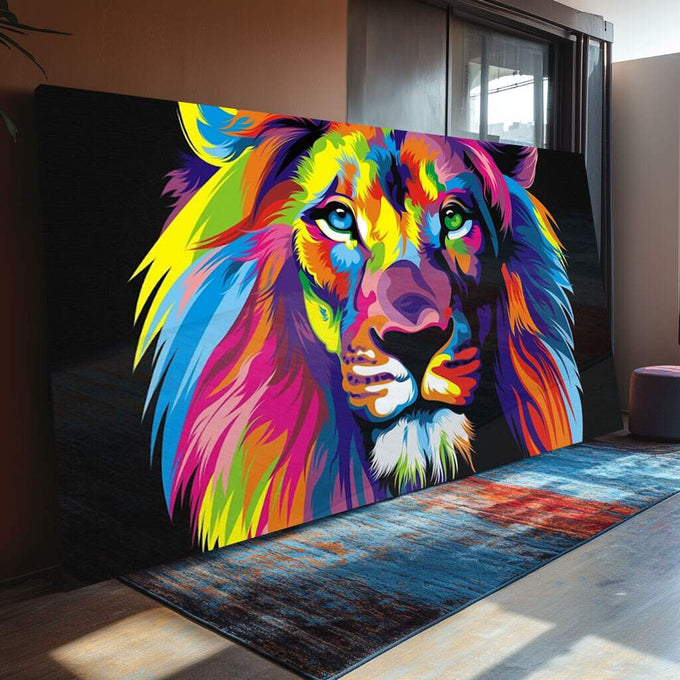 Quadro Decorativo Rei da Selva: Força Vibrante em Cores - quadros decorativos para sala 1 Tela, 1 Tela Horizontal - em ambiente decorado