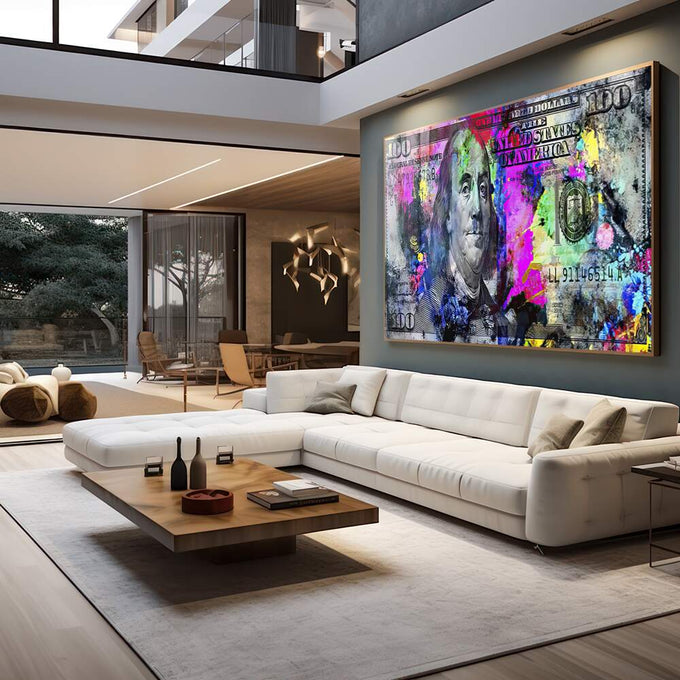 Quadro Decorativo: Benjamin Franklin Modernizado e Colorido - quadros decorativos para sala 1 Tela, 1 Tela Horizontal - em quarto contemporaneo