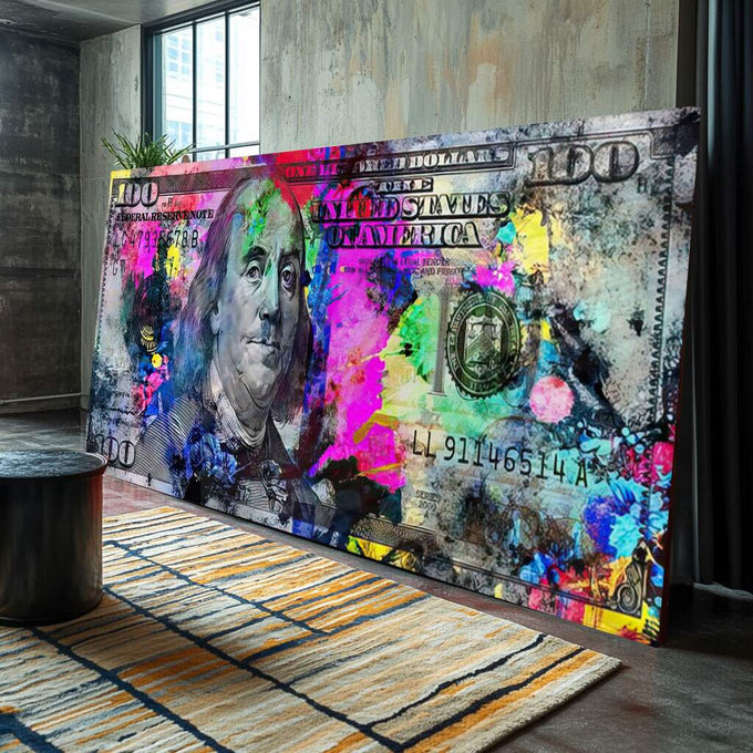 Quadro Decorativo: Benjamin Franklin Modernizado e Colorido - quadros decorativos para sala 1 Tela, 1 Tela Horizontal - em ambiente decorado