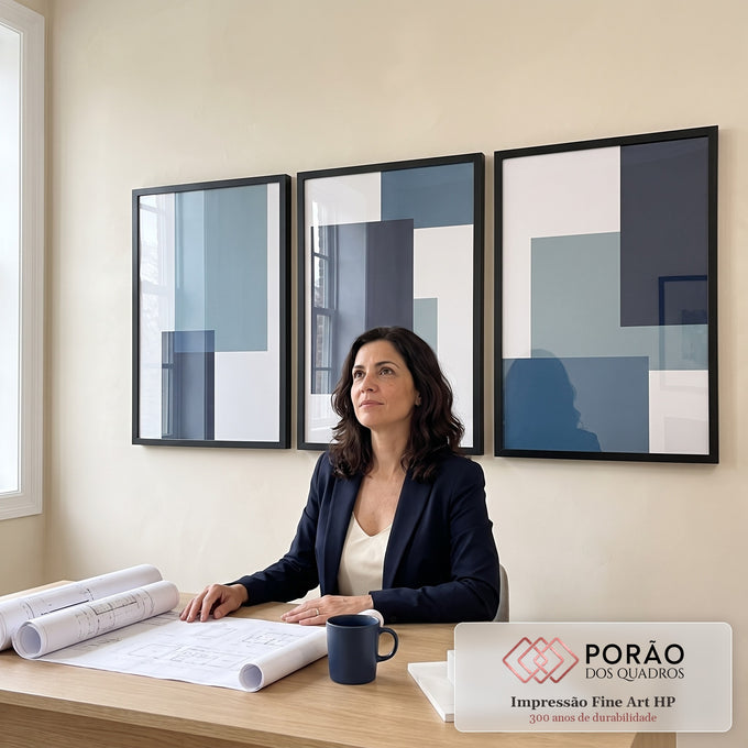 Quadro Decorativo: Harmonia Azul e Cinza, Inspira Modernidade em escritorio moderno - quadros decorativos para sala