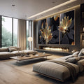 Quadro Decorativo Lotus Dourada - Elegância e Mistério - quadros decorativos para sala 1 Tela Vertical, 3 Telas - em quarto contemporaneo