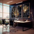 Quadro Decorativo Lotus Dourada - Elegância e Mistério - quadros decorativos para sala 1 Tela Vertical, 3 Telas - em living room premium