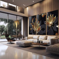 Quadro Decorativo Lotus Dourada - Elegância e Mistério - quadros decorativos 1 Tela Vertical, 3 Telas - em sala moderna