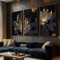 Quadro Decorativo Lotus Dourada - Elegância e Mistério - quadros decorativos para sala 1 Tela Vertical, 3 Telas - em ambiente decorado