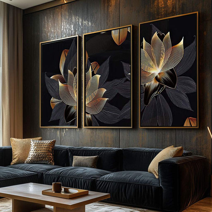 Quadro Decorativo Lotus Dourada - Elegância e Mistério - quadros decorativos para sala 1 Tela Vertical, 3 Telas - em ambiente decorado