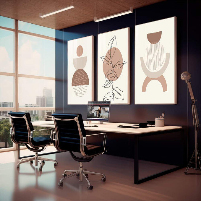 Quadro Decorativo: Oasis Terroso - Arte que Inspira Serenidade - quadros decorativos 1 Tela Vertical, 3 Telas - em sala moderna