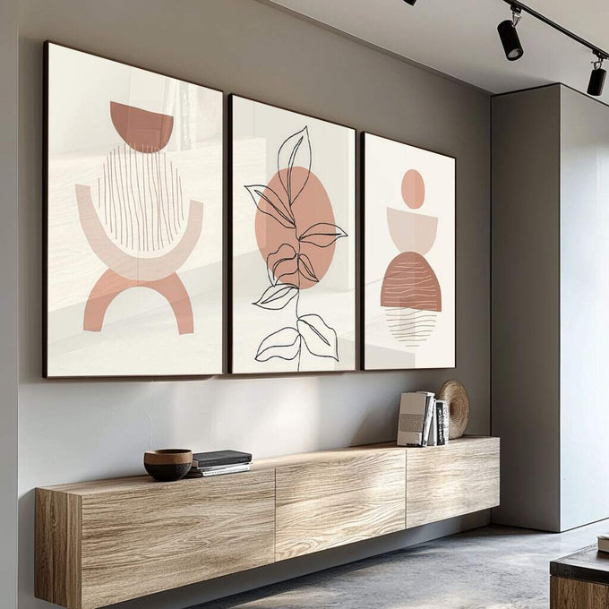 Quadro Decorativo: Oasis Terroso - Arte que Inspira Serenidade - quadros decorativos para sala 1 Tela Vertical, 3 Telas - em ambiente decorado