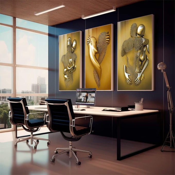 Quadro Decorativo: Toque De Ouro e Amor Incondicional - quadros decorativos para sala 1 Tela Vertical, 3 Telas - em living room premium