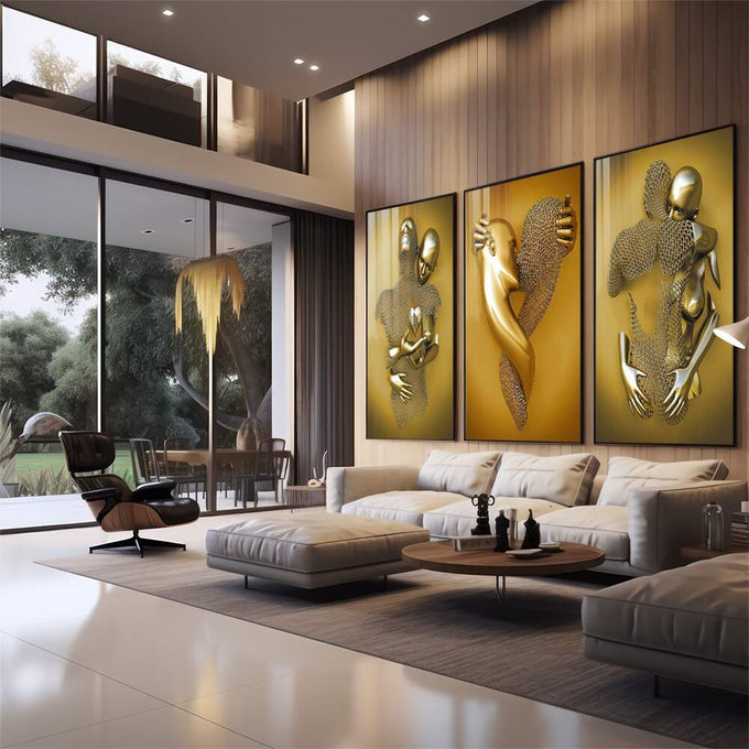 Quadro Decorativo: Toque De Ouro e Amor Incondicional - quadros decorativos 1 Tela Vertical, 3 Telas - em sala moderna