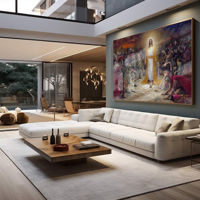 Quadro Decorativo: Luz de Fé - Sublime Cena de Jesus - quadros decorativos para sala 1 Tela, 1 Tela Horizontal - em living room premium