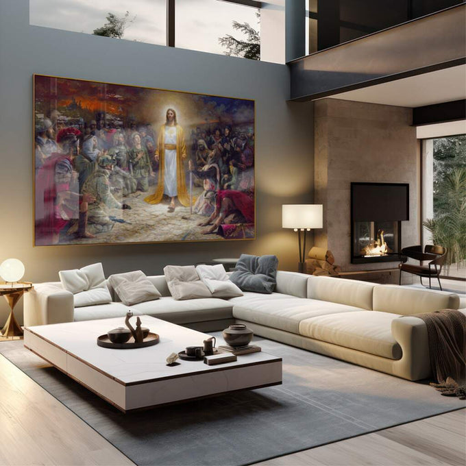Quadro Decorativo: Luz de Fé - Sublime Cena de Jesus - quadros decorativos 1 Tela, 1 Tela Horizontal - em sala moderna