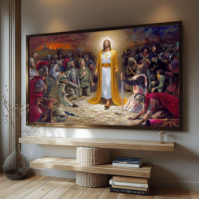 Quadro Decorativo: Luz de Fé - Sublime Cena de Jesus - quadros decorativos para sala 1 Tela, 1 Tela Horizontal - em ambiente decorado