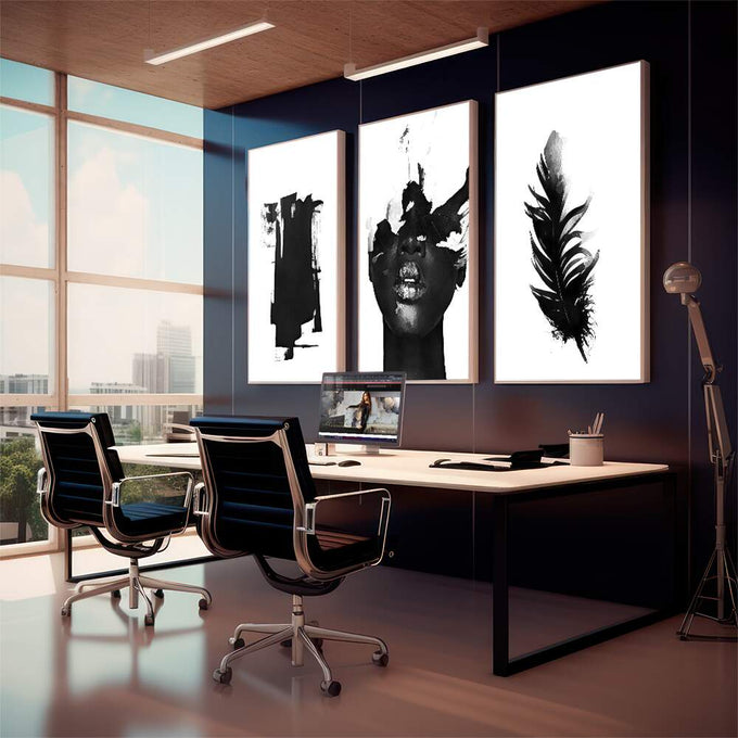Quadro Decorativo Arte Contemporânea Minimalista - quadros decorativos 1 Tela Vertical, 3 Telas - em sala moderna