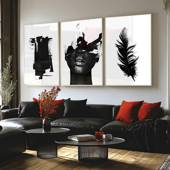 Quadro Decorativo Arte Contemporânea Minimalista - quadros decorativos para sala 1 Tela Vertical, 3 Telas - em ambiente decorado