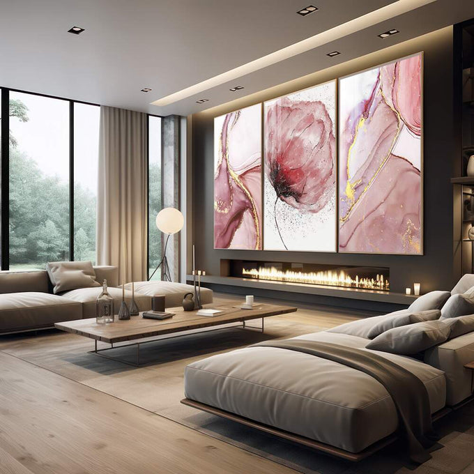 Quadro Decorativo Serenidade em Rosa e Dourado - quadros decorativos 1 Tela Vertical, 3 Telas - em escritorio elegante