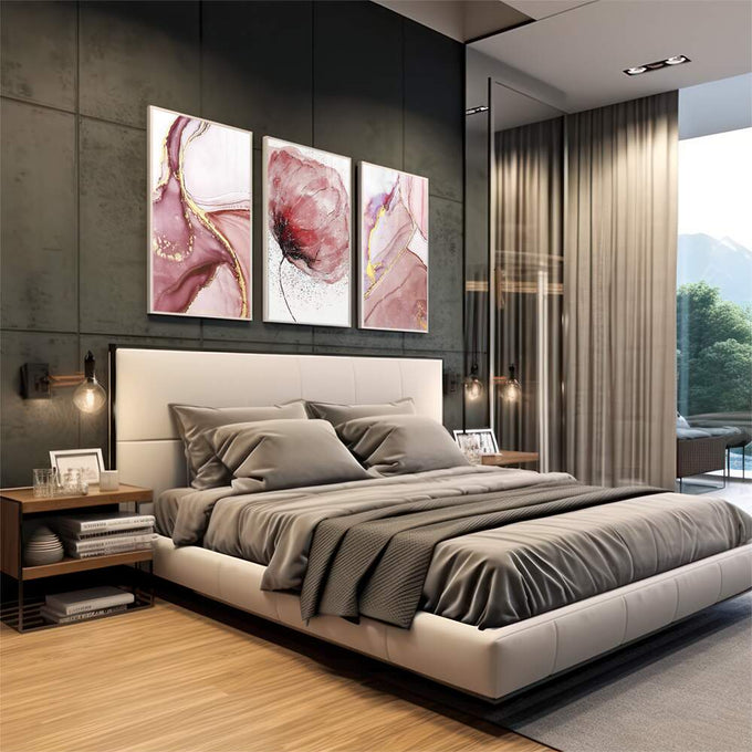 Quadro Decorativo Serenidade em Rosa e Dourado - quadros decorativos para sala 1 Tela Vertical, 3 Telas - em living room premium
