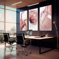 Quadro Decorativo Serenidade em Rosa e Dourado - quadros decorativos 1 Tela Vertical, 3 Telas - em sala moderna