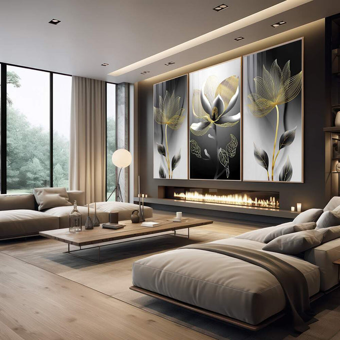 Quadro Decorativo Flores Monocromáticas com Toque Dourado - quadros decorativos para sala 1 Tela Vertical, 3 Telas - em quarto contemporaneo