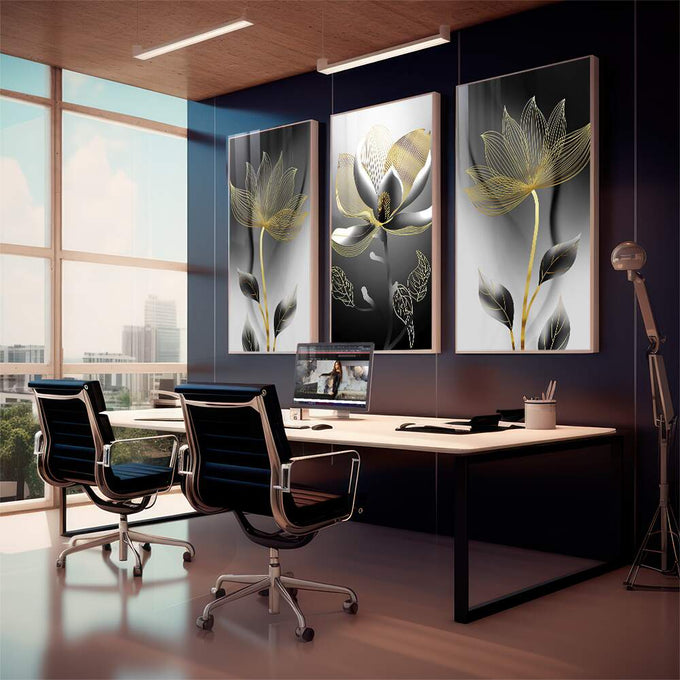 Quadro Decorativo Flores Monocromáticas com Toque Dourado - quadros decorativos para sala 1 Tela Vertical, 3 Telas - em living room premium