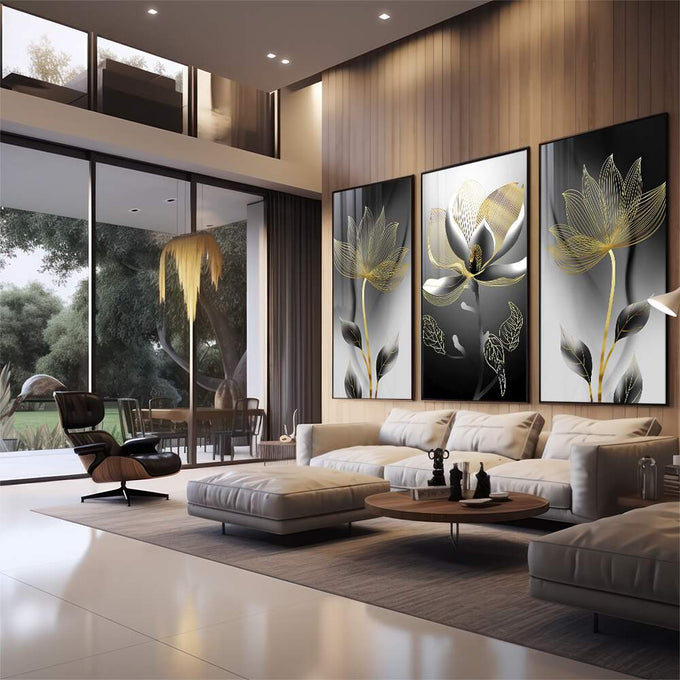 Quadro Decorativo Flores Monocromáticas com Toque Dourado - quadros decorativos 1 Tela Vertical, 3 Telas - em sala moderna
