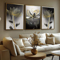 Quadro Decorativo Flores Monocromáticas com Toque Dourado - quadros decorativos para sala 1 Tela Vertical, 3 Telas - em ambiente decorado