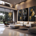 Quadro Decorativo: Mulher Radiante, Luxo em Preto & Ouro - quadros decorativos para sala 1 Tela Vertical, 3 Telas - em quarto contemporaneo