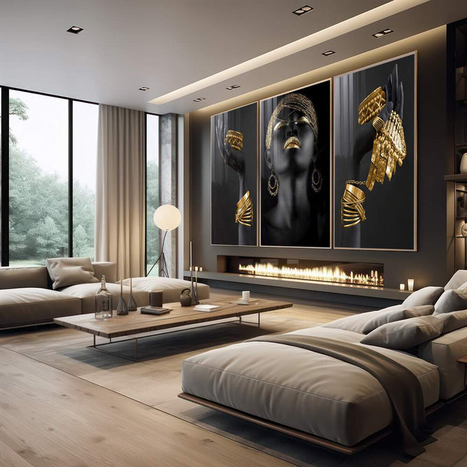 Quadro Decorativo: Mulher Radiante, Luxo em Preto & Ouro - quadros decorativos 1 Tela Vertical, 3 Telas - em escritorio elegante